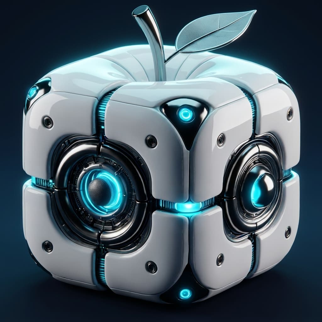 White ceramic robotic apple with cyan glow, the visual symbol for AfterAdam AI